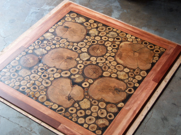 Custom burl flooring once it is finished being installed.