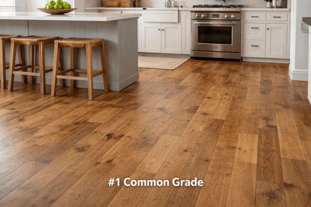 #1 Common Grade hardwood flooring showing natural color variation, visible grain, & subtle knots in a home kitchen. 