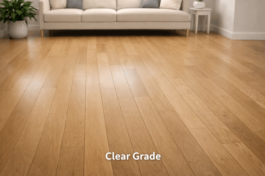 Clear grade hardwood flooring with uniform natural wood tone and minimal color variation.