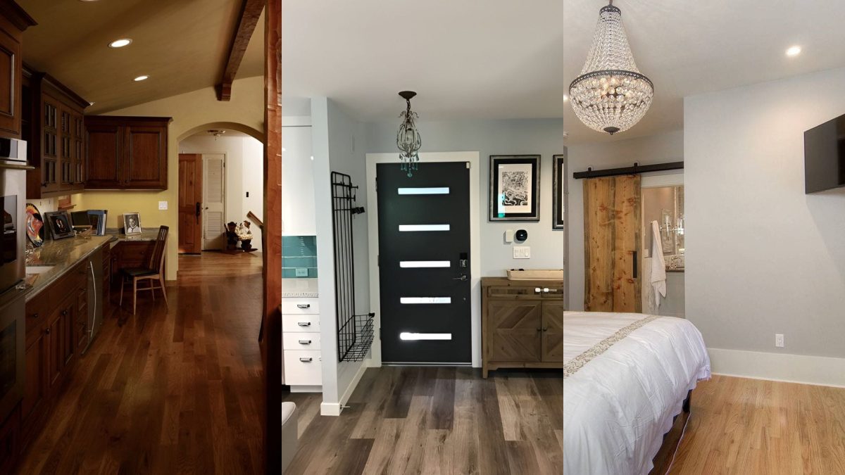 Hardwood flooring grade examples showing variation in color, grain, and style showcased in residential interiors.