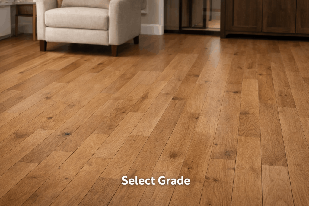 Select grade hardwood flooring showing gentle color variation, subtle grain movement, & a refined, natural look.