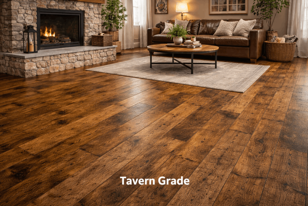 Tavern Grade hardwood flooring with heavy knots, dramatic color variation, and maximum natural character featuring rustic, old-world appearance.
